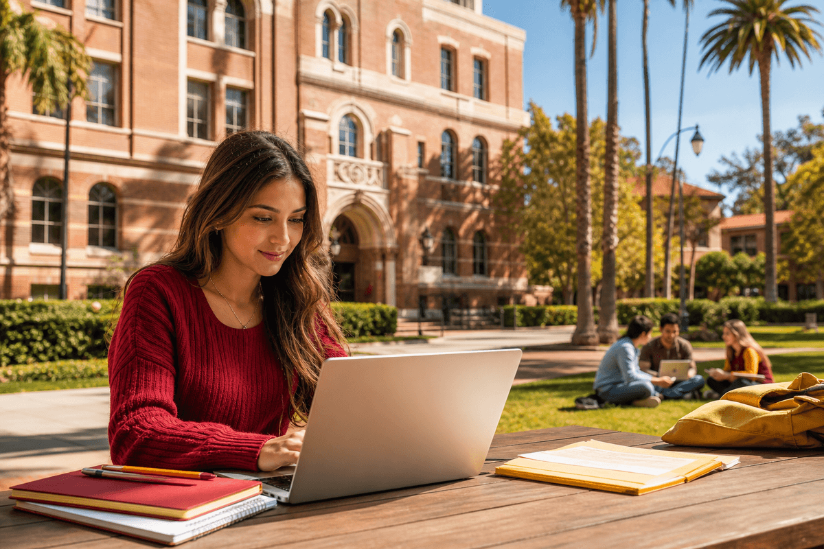 Student using USC GPA calculator on a laptop near a sunny Los Angeles campus courtyard